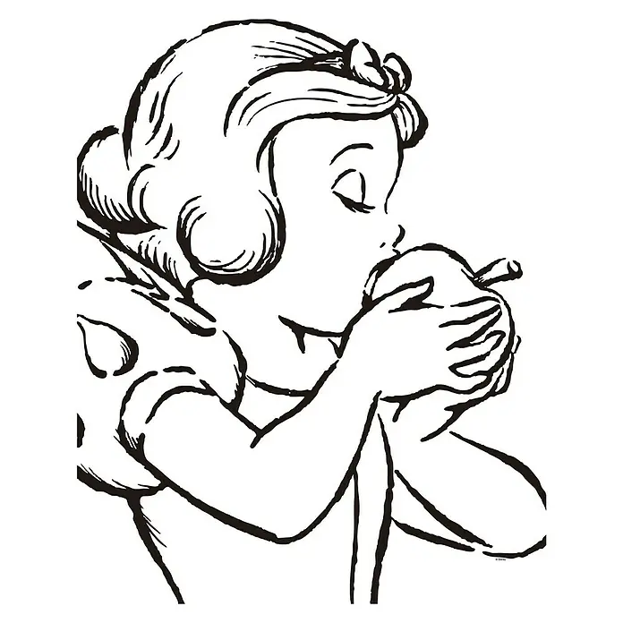 Komar Disney Edition 4 Poster Snow White Apple Bite - Disney, B x H: 50 x 70 cm - Schneewittchen, in Schwarzweiß gezeichnet, beißt in einen Apfel. Eine klassische Illustration des Märchens.