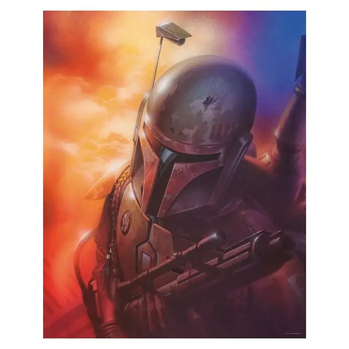 Komar Star Wars Poster Mandalorian - Star Wars, B x H: 30 x 40 cm - Das Bild zeigt ein detailreiches Gemälde von Boba Fett, dem ikonischen Star Wars Kopfgeldjäger, in seiner markanten Mandalorianischen Rüstung.