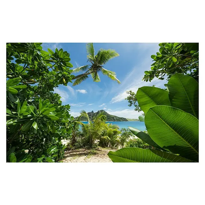 Komar Stefan Hefele Edition 2 Fototapete Cast Away Jungle - 9 -tlg., B x H: 450 x 280 cm, Vlies - Tropische Inselansicht mit üppigem Grün, türkisfarbenem Wasser und einem fernen Berg. Ein Paradies für Naturliebhaber!