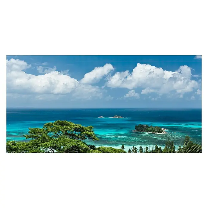 Komar Stefan Hefele Edition 2 Fototapete The Sea View - 8 -tlg., B x H: 400 x 250 cm, Vlies - Blick auf ein türkisfarbenes Meer mit Inseln und üppiger Vegetation unter einem blauen Himmel mit Wolken.