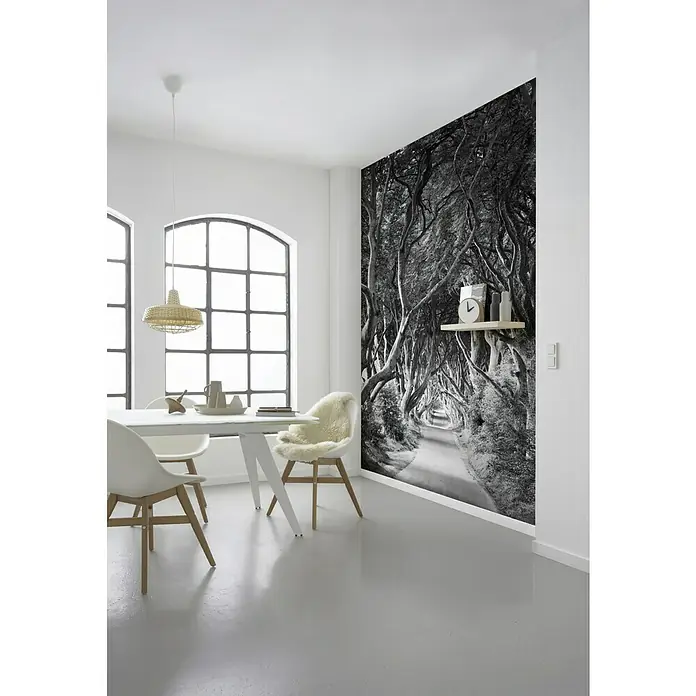 Komar Stefan Hefele Edition 2 Fototapete Forevenue - 5 -tlg., B x H: 250 x 280 cm, Vlies - Esszimmer mit Esstisch, Stühlen, Lampe und einer Wandtapete mit Schwarz-Weiß-Baumallee-Motiv für eine besondere Atmosphäre.