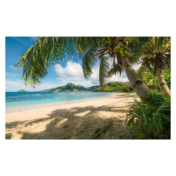 Komar Stefan Hefele Edition 2 Fototapete Strandoase Südsee - 9 -tlg., B x H: 450 x 280 cm, Vlies - Ein sonniger Strand mit Palmen und blauem Wasser, ideal für einen entspannten Urlaub. Die Berge im Hintergrund runden das tropische Paradies ab.