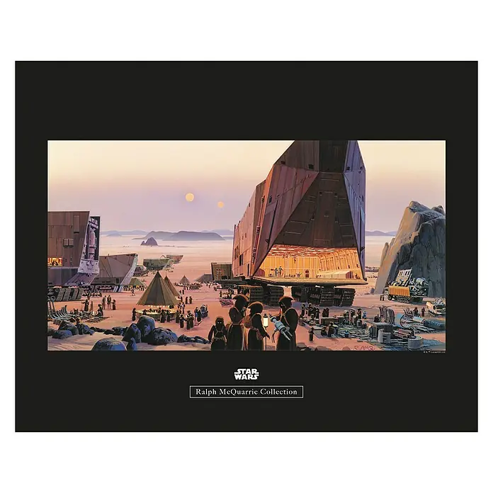 Komar Star Wars Poster RMQ Jawa Market - Star Wars, B x H: 70 x 50 cm - Star Wars Ralph McQuarrie Collection: Ein Wüstenbild mit dem Sandcrawler und Jawas in einer fernen Galaxie, ein echter Hingucker.