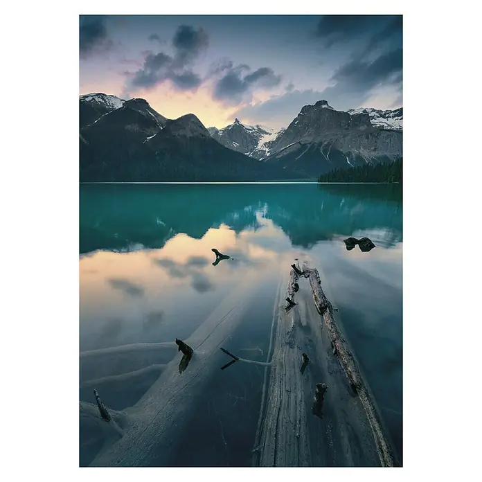 Komar Stefan Hefele Edition 2 Fototapete Burning Emerald - 4 -tlg., B x H: 200 x 280 cm, Vlies - Blick auf einen Bergsee mit Baumstämmen im Wasser, die eine ruhige und friedliche Szene erzeugen. Perfekt für Naturliebhaber!