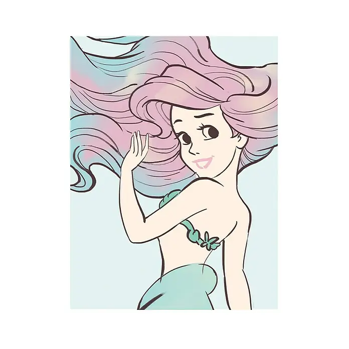 Komar Disney Edition 4 Poster Ariel Aquarell - Disney, B x H: 50 x 70 cm - Illustration von Arielle, der Meerjungfrau, mit pastellfarbenem Haar, die lächelt und winkt, in einem weißen Rahmen.