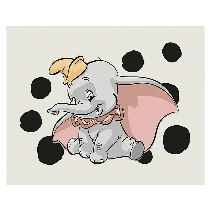 Komar Disney Edition 4 Poster Dumbo Dots Landscape - Disney, B x H: 50 x 40 cm - Ein bezauberndes Bild von Dumbo, dem kleinen Elefanten mit den großen Ohren, umgeben von schwarzen Punkten. Ein herziger Blickfang!
