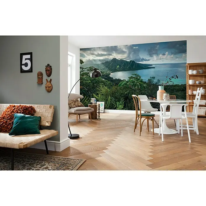 Komar Stefan Hefele Edition 2 Fototapete Jurassic Island - 9 -tlg., B x H: 450 x 280 cm, Vlies - Großes Wandbild mit einer malerischen Küstenlandschaft, die einen Hauch von Natur und Abenteuer in jeden Raum bringt. Perfekt, um eine entspannende Atmosphäre zu schaffen.