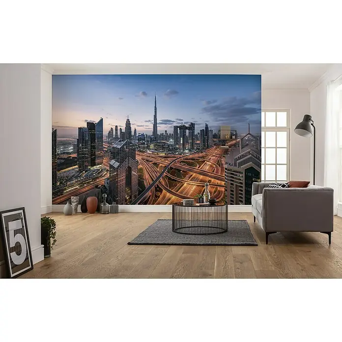 Komar Stefan Hefele Edition 2 Fototapete Lights of Dubai - 9 -tlg., B x H: 450 x 280 cm, Vlies - Wandbild einer modernen Stadtsilhouette, das eine elegante und zeitgemäße Atmosphäre in Wohnräumen schafft.\n