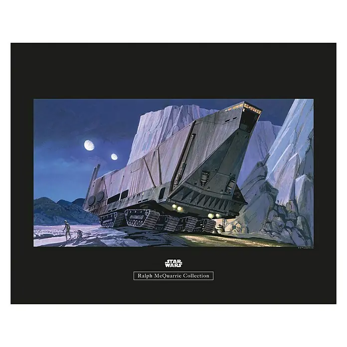 Komar Star Wars Poster RMQ Sandcrawler - Star Wars, B x H: 50 x 40 cm - Star Wars Ralph McQuarrie Collection: Sandcrawler vor eisiger Landschaft mit zwei Monden, zwei Droiden davor.