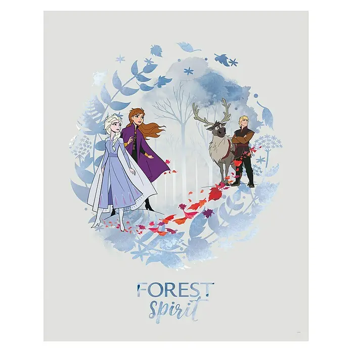 Komar Disney Edition 4 Poster Frozen Spirit - Disney, B x H: 30 x 40 cm - Das Bild zeigt ein Poster von Frozen 2 mit Elsa, Anna, Kristoff und Sven, umgeben von einem Waldmotiv, mit dem Schriftzug "Forest Spirit".