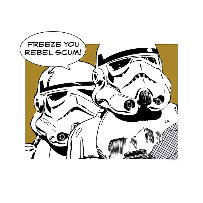 Komar Star Wars Poster Comic Quote Stormtrooper - Star Wars, B x H: 50 x 40 cm - Zwei Stormtrooper aus Star Wars, einer sagt "Freeze You Rebel Scum!", im Comic-Stil gezeichnet.
