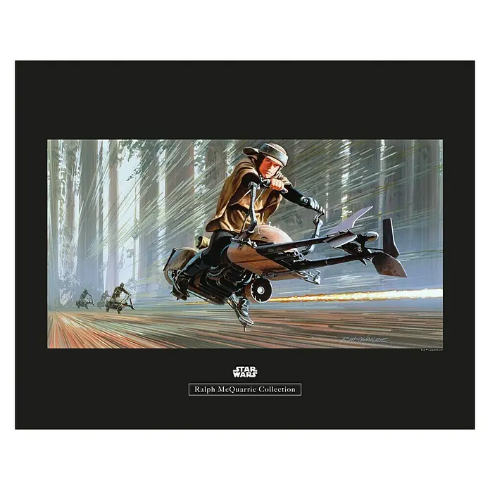 Komar Star Wars Poster RMQ Endor Speeder - Star Wars, B x H: 50 x 40 cm - Star Wars Ralph McQuarrie Kollektion: Atemberaubende Illustration eines Speeder Bikes im Wald, ein Muss für jeden Fan.