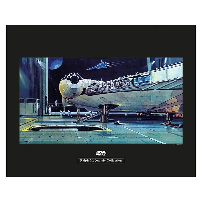 Komar Star Wars Poster RMQ Falcon Hangar - Star Wars, B x H: 70 x 50 cm - Konzeptzeichnung des Millennium Falcon von Ralph McQuarrie. Das Raumschiff steht in einer Werft.
