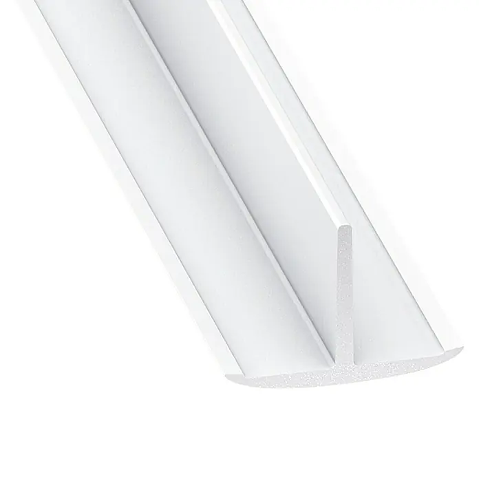Kantoflex T-Profil - 2.000 x 25 x 18 mm, Kunststoff, Weiß - Nahaufnahme eines weißen T-förmigen Kunststoffprofils, das sich ideal für Verkleidungen oder als Kantenschutz eignet. Hervorragend für saubere und moderne Abschlüsse.