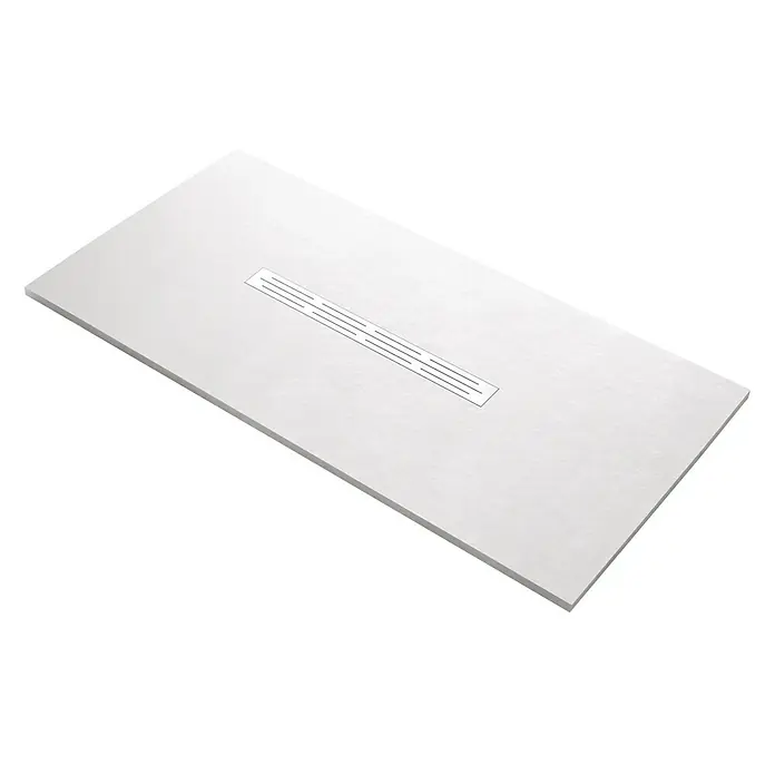 Camargue Plato de ducha Bering - L x An: 70 x 100 cm, Blanco - La imagen muestra un plato de ducha rectangular moderno, con un desagüe lineal integrado en el centro. Se presenta en un blanco limpio y minimalista.