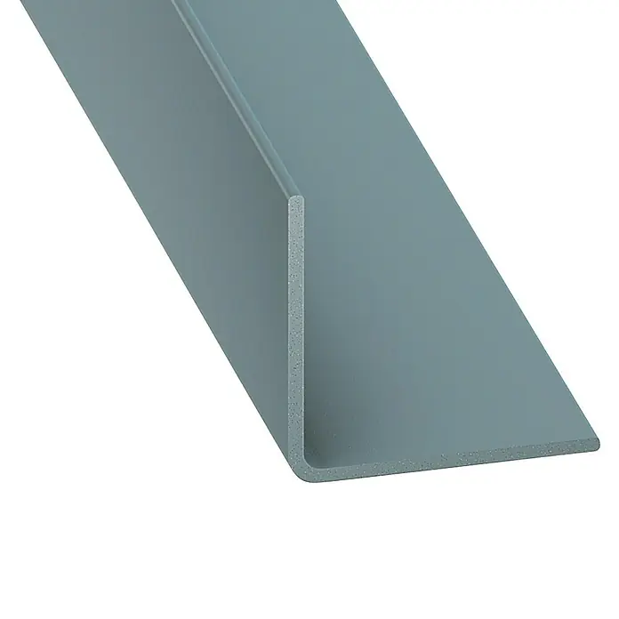 Kantoflex Winkelprofil - 2.000 x 20 x 20 mm, Stärke: 1 mm, Kunststoff, Blau, Titan - Nahaufnahme eines grauen U-Profils, das für Bau- oder Konstruktionsprojekte geeignet ist. Es bietet Schutz und dient als Führung.