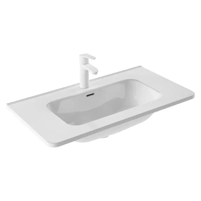 Beauty Waschtisch - 81 x 46 cm, Keramik, Weiß - Moderne Badkeramik: Weißes Waschbecken mit Armatur auf dunklem Hintergrund, ideal für stilvolle Badezimmerdesigns und Sanitärausstattungen.