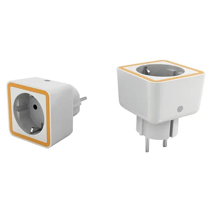 REV LED-Nachtlicht - Weiß, 56 x 54 x 55 mm, Steckdose - Zwei intelligente Steckdosenadapter mit gelbem Rand und Eurosteckeranschluss für die Hausautomation, um den Energieverbrauch zu verwalten.