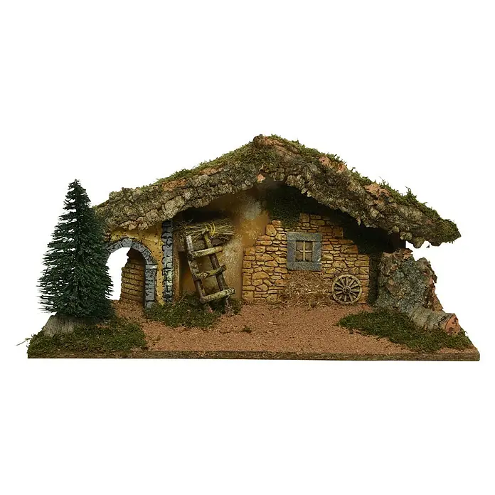LED-Krippe Natur - L x B x H: 25 x 58 x 23 cm, Natur - Detailaufnahme einer Krippe, die eine rustikale Steinhütte mit Moosdach und einem kleinen Weihnachtsbaum zeigt.