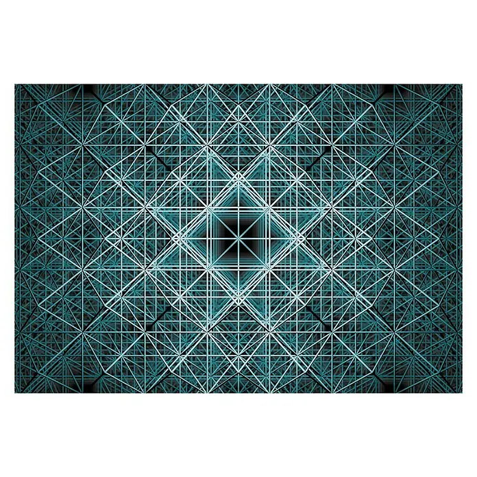 Komar Into Illusions Fototapete Matrix - 4 -tlg., B x H: 368 x 248 cm, Vlies - Abstraktes Netzwerkmuster mit blauen Linien, das sich in der Mitte zu einem dunklen Punkt verdichtet.
