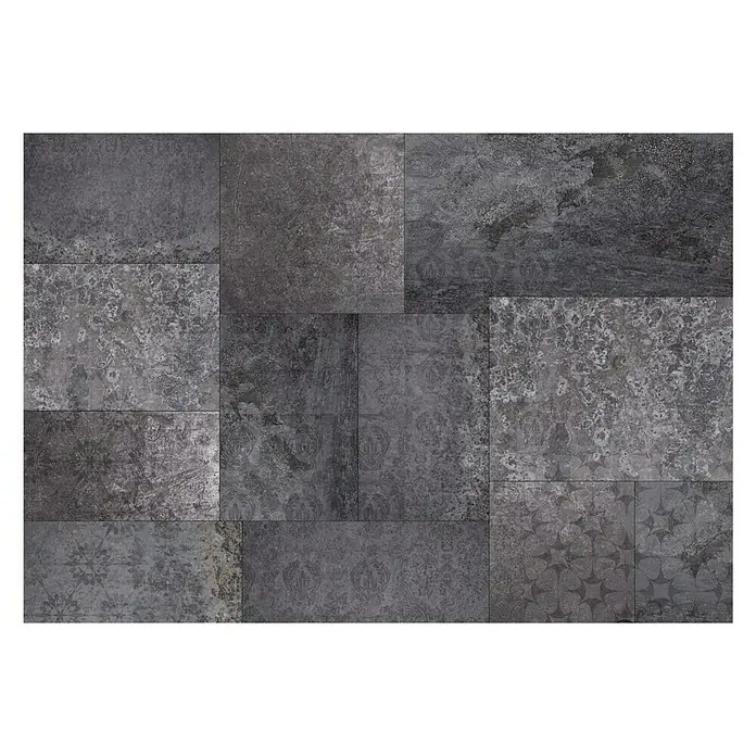 Komar Into Illusions Fototapete Ambra Nera - 4 -tlg., B x H: 368 x 254 cm, Vlies - Graue Feinsteinzeugfliesen mit vielfältigen Mustern und Texturen, ideal für moderne Innenräume. Robuste und stilvolle Boden- oder Wandbeläge.