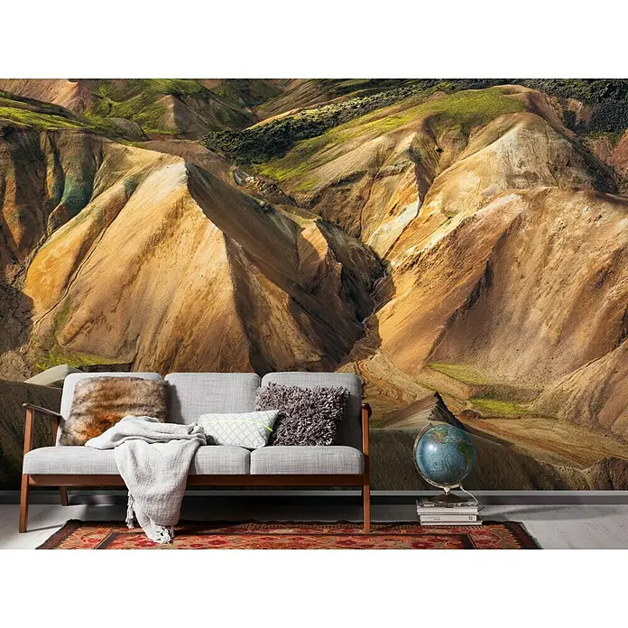 Komar Stefan Hefele Edition 1 Fototapete Shiny Mountains - 4 -tlg., B x H: 400 x 250 cm, Vlies - Fototapete mit Berglandschaftsmotiv. Die Tapete zeigt eine beeindruckende Gebirgslandschaft in warmen Erd- und Grüntönen, die jedem Raum Tiefe verleiht.