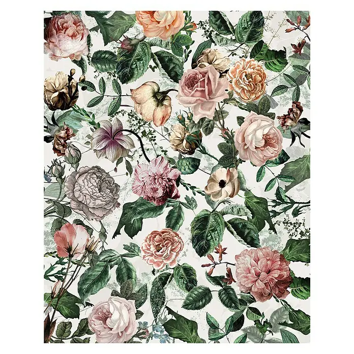 Komar Pure Fototapete Romance - 2 -tlg., B x H: 200 x 250 cm, Vlies - Blumenmuster mit Rosen und Blättern in sanften Farben, ideal für dekorative Zwecke. Elegantes Design für stilvolle Akzente.