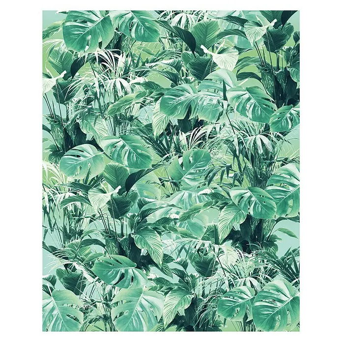 Komar Pure Fototapete Evergreen - 2 -tlg., B x H: 200 x 250 cm, Vlies - Üppiges tropisches Blattwerk-Muster in Grüntönen, ideal für lebendige Akzente in jedem Raum. Naturverbundene Eleganz für Ihr Zuhause.