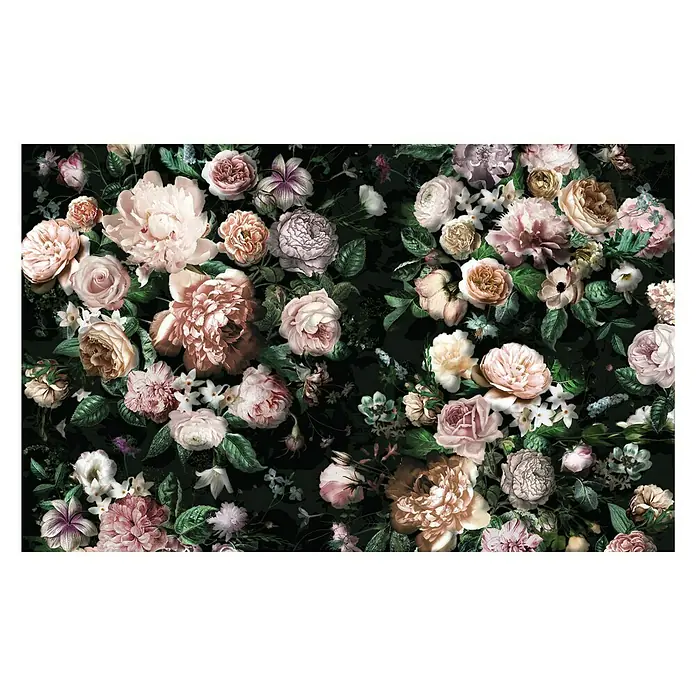 Komar Pure Fototapete Victoria Black - 4 -tlg., B x H: 400 x 250 cm, Vlies - Ein dunkles Blumenmuster mit zarten Rosen und Pfingstrosen, das eine elegante und romantische Atmosphäre schafft.\n