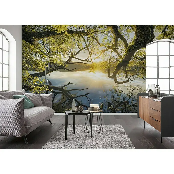 Komar Stefan Hefele Edition 1 Fototapete Golden Embrace - 4 -tlg., B x H: 400 x 250 cm, Vlies - Wohnzimmer mit einem Sofa, einem Tisch und einem Sideboard vor einer Fototapete mit Baummotiv.