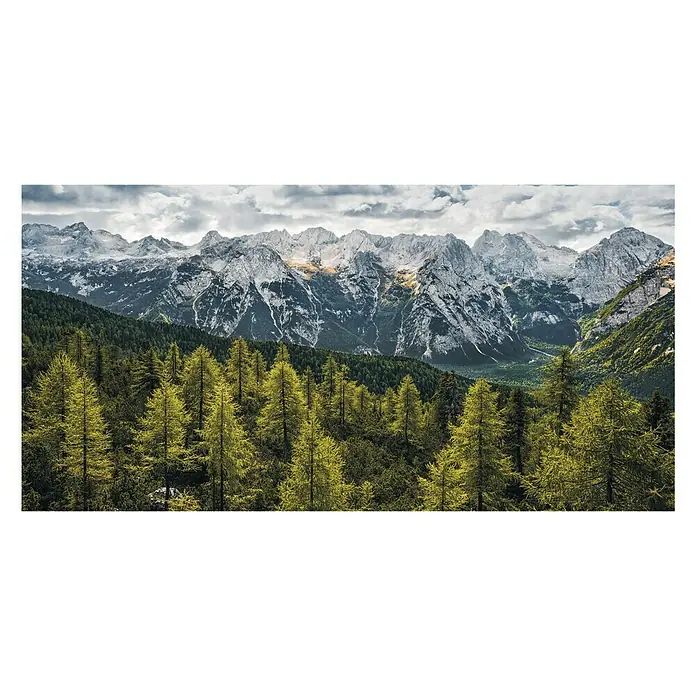 Komar Stefan Hefele Edition 1 Fototapete Wild Dolomites - 1 -tlg., B x H: 200 x 100 cm, Vlies - Waldlandschaft mit majestätischen Bergen im Hintergrund unter einem bewölkten Himmel. Natur pur.