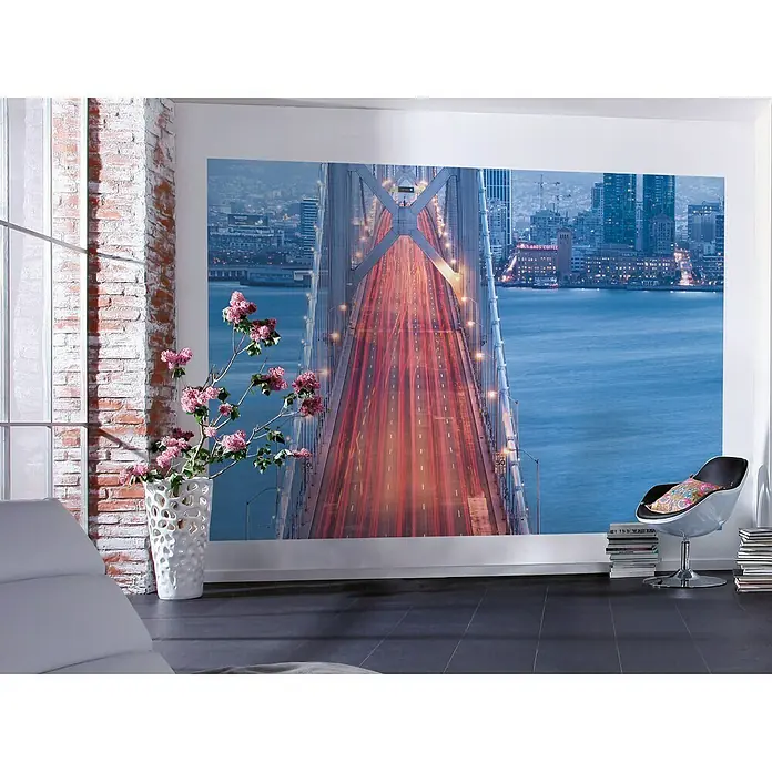 Komar Stefan Hefele Edition 1 Fototapete San Francisco Blues - 3 -tlg., B x H: 300 x 200 cm, Vlies - Wandbild mit einer Aufnahme der Bay Bridge bei Nacht, das eine elegante Atmosphäre in jedem Raum schafft und die Blicke auf sich zieht.