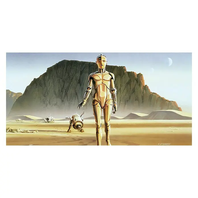 Komar Star Wars Fototapete Droids - 10 -tlg., B x H: 500 x 250 cm, Vlies - C-3PO und R2-D2 in der Wüste von Tatooine. Die goldene Oberfläche des Roboters sticht vor den Sanddünen hervor.