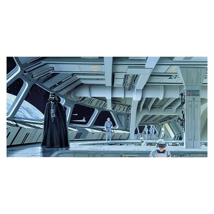 Komar Star Wars Fototapete RMQ Stardestroyer Deck - 10 -tlg., B x H: 500 x 250 cm, Vlies - Darth Vader auf einem imperialen Raumschiff, Konzeptkunst von Ralph McQuarrie. Im Hintergrund ein Blick auf den Weltraum mit Raumschiffen.