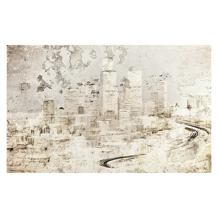Komar Infinity Fototapete Citadel - 4 -tlg., B x H: 400 x 250 cm, Vlies - Künstlerische Darstellung einer Stadtlandschaft mit Hochhäusern und einer gewundenen Straße in abstraktem Stil.