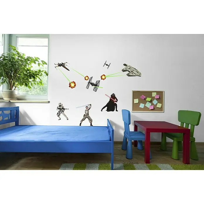 Komar Star Wars Dekosticker EP7 - 17 -tlg., Bunt - Wanddekor mit Star Wars-Motiven im Kinderzimmer, mit Raumschiffen, Lasern und Figuren wie Darth Vader und einem Sturmtruppler.