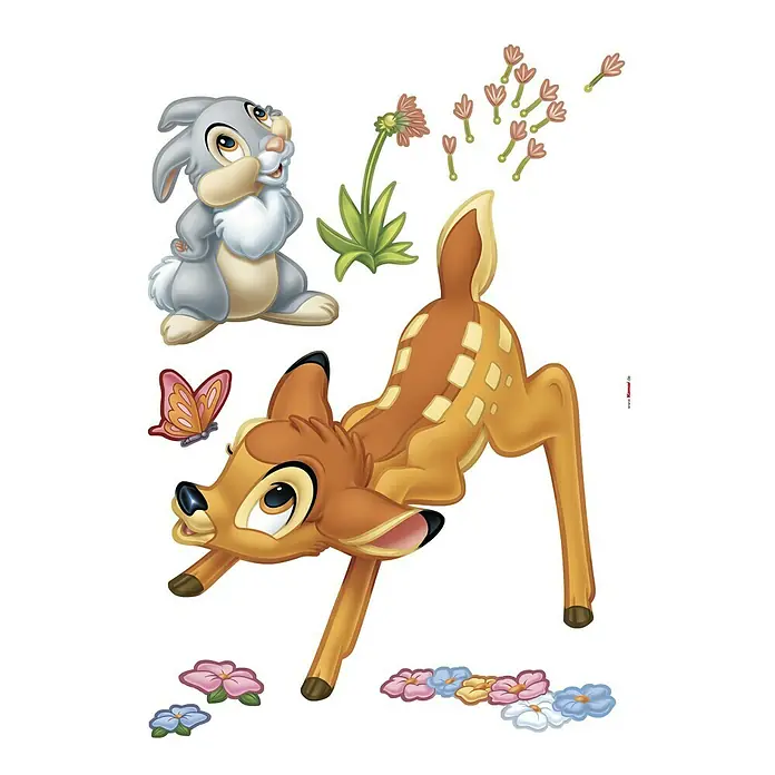 Komar Disney Edition 4 Dekosticker Bambi - 17 -tlg., Bunt - Aufkleber-Set mit Bambi, Klopfer, einer Blume, einem Schmetterling und Blüten für Kinderzimmer oder als Dekoration.