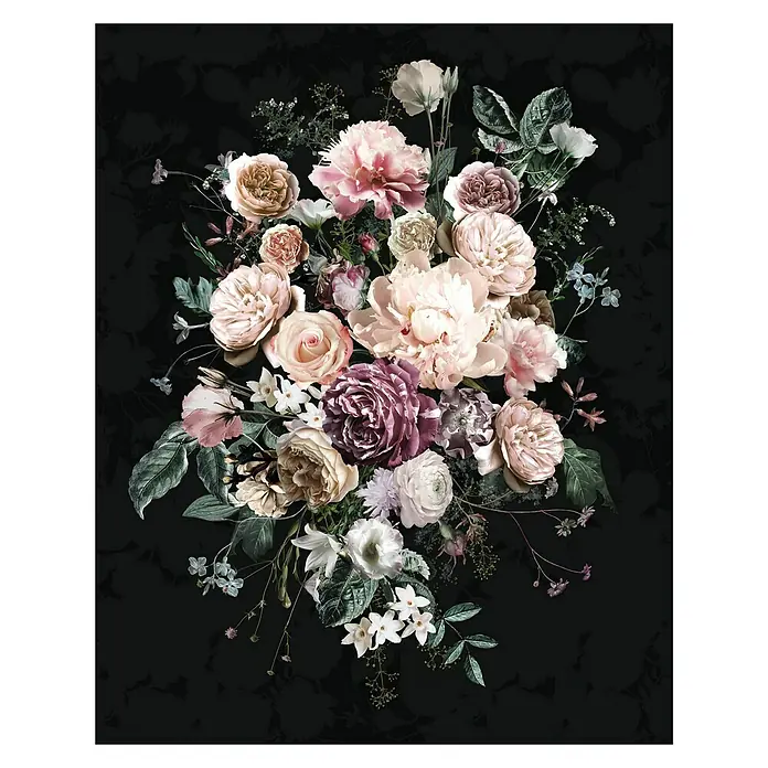 Komar Pure Fototapete Charming - 2 -tlg., B x H: 200 x 250 cm, Vlies - Elegantes Blumenarrangement mit Rosen und Pfingstrosen in sanften Farbtönen auf dunklem Hintergrund. Perfekt für stilvolle Dekorationen und Designs.