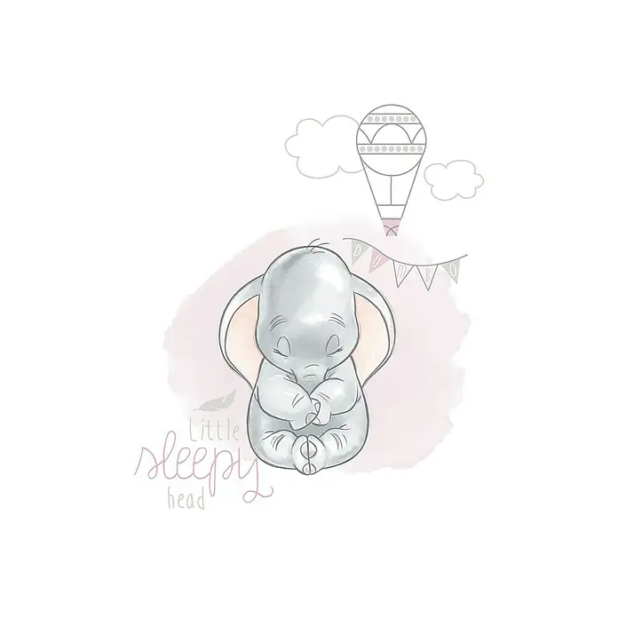 Komar Disney Edition 4 Poster Dumbo Sleepy - Disney, B x H: 30 x 40 cm - Niedliches Dumbo-Bild für Kinderzimmer: Schlafender Elefant mit rosa Hintergrund, Heißluftballon und Wimpel.