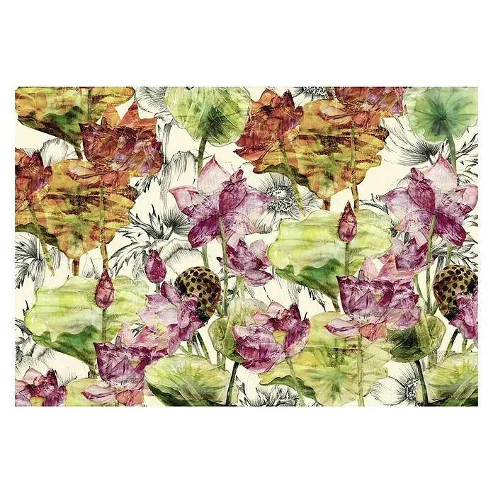 Komar Into Illusions Fototapete Lotus - 4 -tlg., B x H: 368 x 248 cm, Vlies - Lebendiges florales Muster mit Lotusblumen in verschiedenen Farben, die eine botanische Eleganz ausstrahlen.