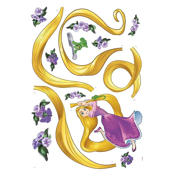 Komar Disney Edition 4 Dekosticker Rapunzel - 15 -tlg., Bunt - Wandtattoo mit Rapunzel und ihrem langen, goldenen Haar, verziert mit Blumen und Pascal, ideal zur Dekoration von Kinderzimmern.