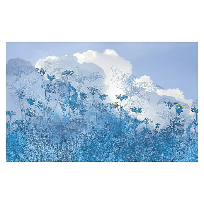 Komar Infinity Fototapete Blue Sky - 1 -tlg., B x H: 100 x 250 cm, Vlies - Blau getönte Blumenwiese unter einem bewölkten Himmel, akzentuiert durch zarte gelbe Farbtupfer auf einigen Blüten, sanfte Eleganz.