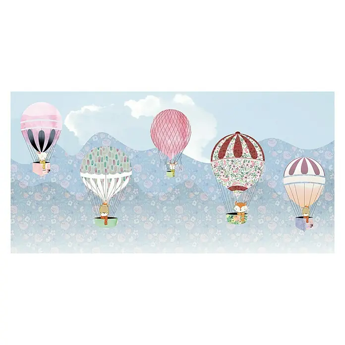Komar Pure Fototapete Happy Balloon - 5 -tlg., B x H: 500 x 250 cm, Vlies - Illustration von Heißluftballons mit Tierfiguren, ein dekoratives und fantasievolles Wandbild für Kinderzimmer.