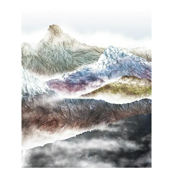 Komar Infinity Fototapete Olympic - 2 -tlg., B x H: 200 x 250 cm, Vlies - Illustration von zerknitterten Bergen in verschiedenen Farbtönen, die eine einzigartige und künstlerische Landschaftsdarstellung bietet.