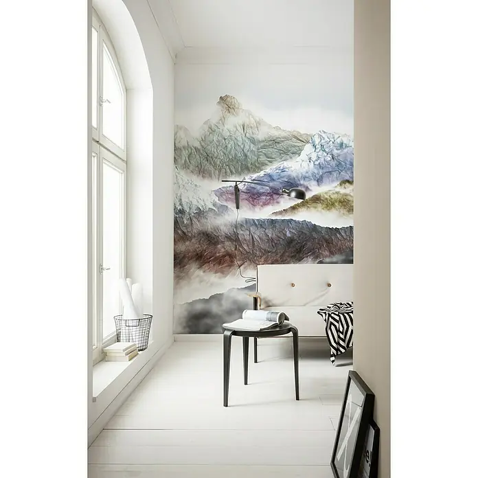 Komar Infinity Fototapete Olympic - 2 -tlg., B x H: 200 x 250 cm, Vlies - Helles, modernes Interieur mit einem auffälligen Bergwandbild, das dem Raum eine natürliche und künstlerische Note verleiht.