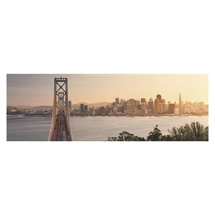 Komar Stefan Hefele Edition 1 Fototapete California Dreaming - 1 -tlg., B x H: 300 x 100 cm, Vlies - San Francisco Skyline mit Bay Bridge bei Sonnenuntergang. Die Golden-Gate-Stadt im goldenen Licht, ein Wahrzeichen Amerikas.
