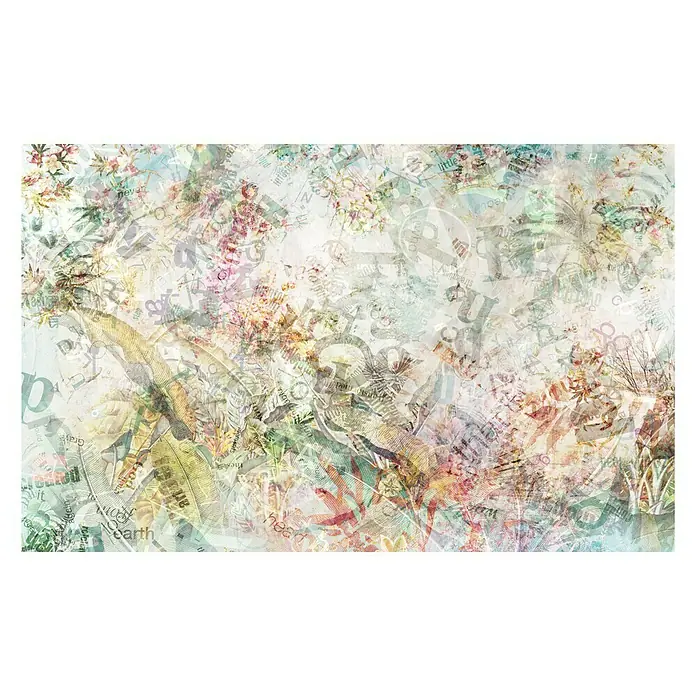 Komar Pure Fototapete Stories - 4 -tlg., B x H: 400 x 250 cm, Vlies - Kunstvolles Hintergrundbild mit floralen Elementen und Textfragmenten in sanften Farben. Perfekt als vielseitige Textur.