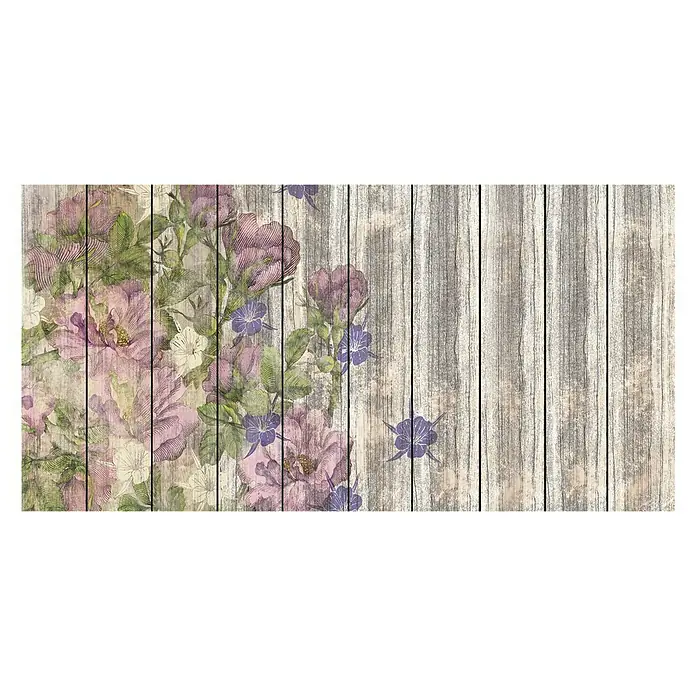 Komar Infinity Fototapete Vintage Rose - 4 -tlg., B x H: 500 x 250 cm, Vlies - Holzpaneele mit Blumenmuster. Die Holzpaneele sind mit einem zarten Blumenmuster in Lila und Rosa versehen, was eine romantische Atmosphäre schafft.
