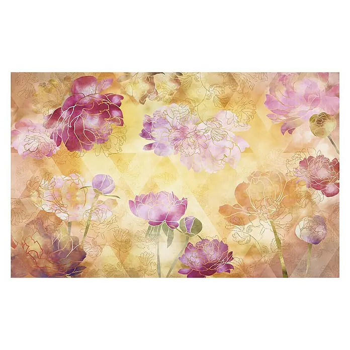 Komar Infinity Fototapete Inspiration - 4 -tlg., B x H: 400 x 250 cm, Vlies - Elegantes Blumenmuster mit zarten Pfingstrosen in Rosa- und Lilatönen, verziert mit goldenen Akzenten, ideal für stilvolle Wanddekorationen.