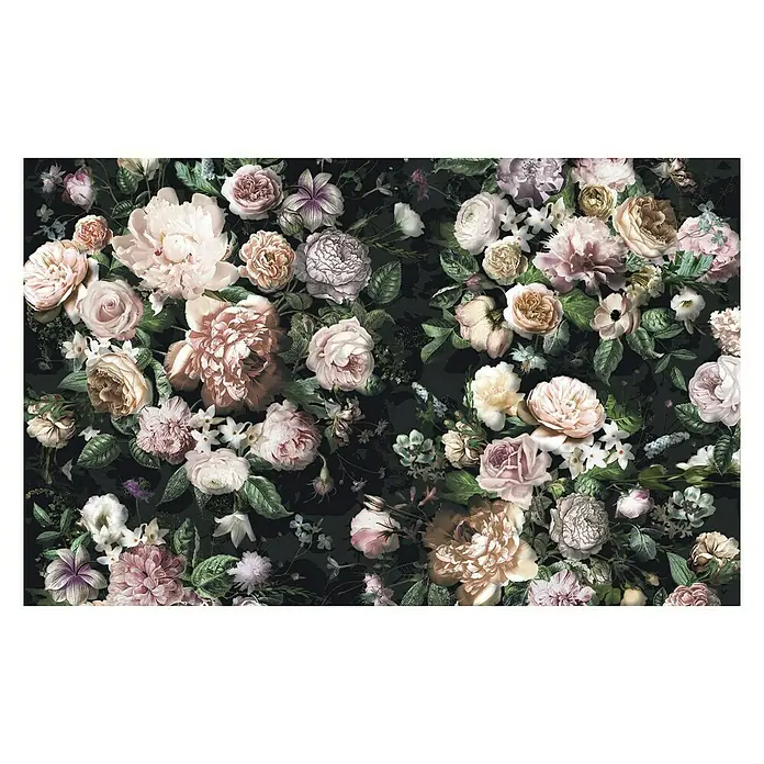 Komar Infinity Fototapete Victoria Black - 4 -tlg., B x H: 400 x 250 cm, Vlies - Elegantes florales Design mit zarten Rosen und Pfingstrosen auf dunklem Hintergrund. Ideal für stilvolle Wohnaccessoires und Wanddekorationen.